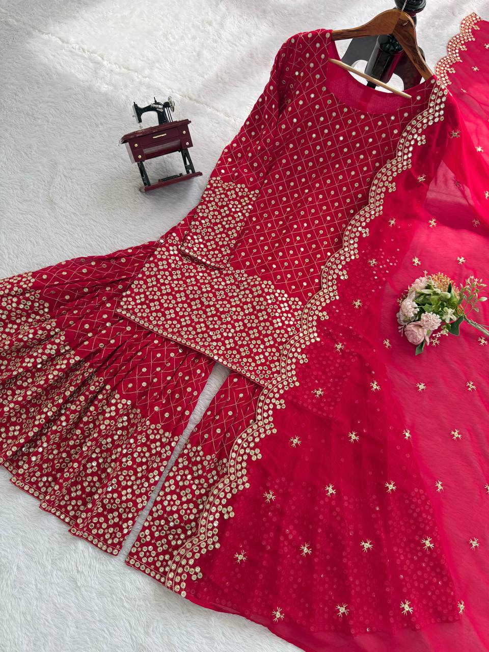 Red Faux Georgette Thread & Sequin Work Sharara Set with Matching Dupatta