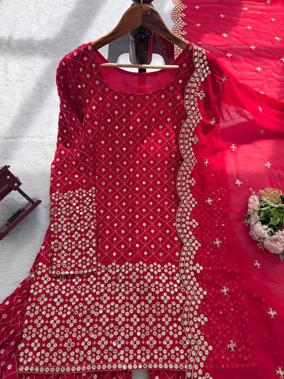 Red Faux Georgette Thread & Sequin Work Sharara Set with Matching Dupatta