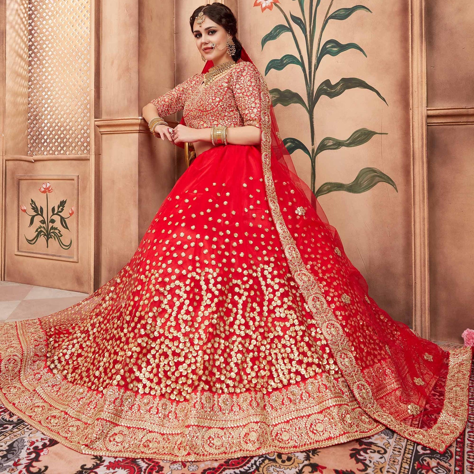 Red Festive Wear Sequins Dori Work Soft Net Lehenga Choli
