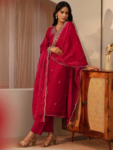 Libas Red Floral Embroidered Tissue Straight Suit Set