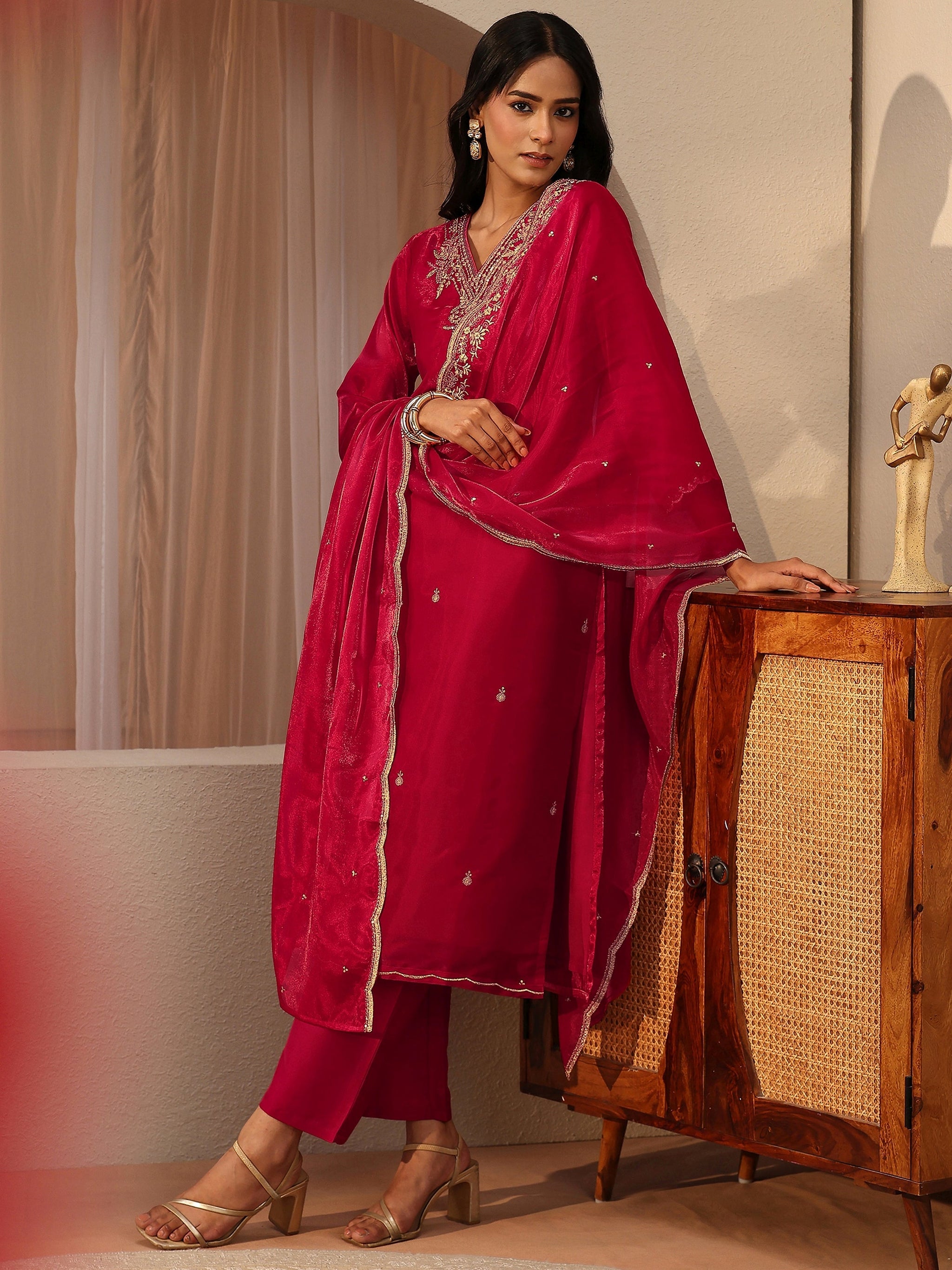 Libas Red Floral Embroidered Tissue Straight Suit Set