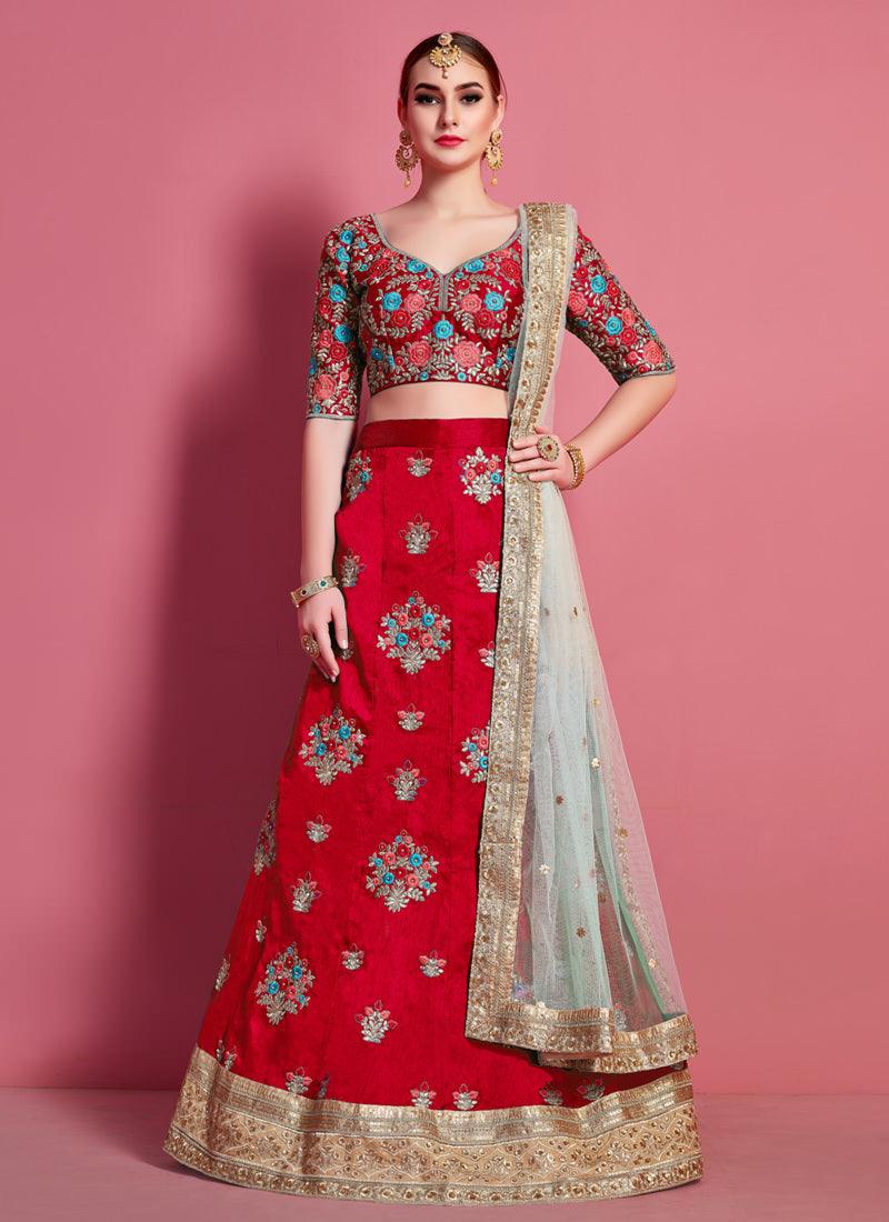 Red Floral Motif Art Silk Base Wedding Wears Lehenga Choli