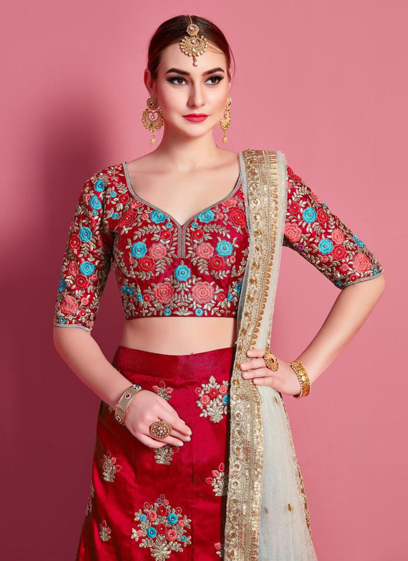 Red Floral Motif Art Silk Base Wedding Wears Lehenga Choli