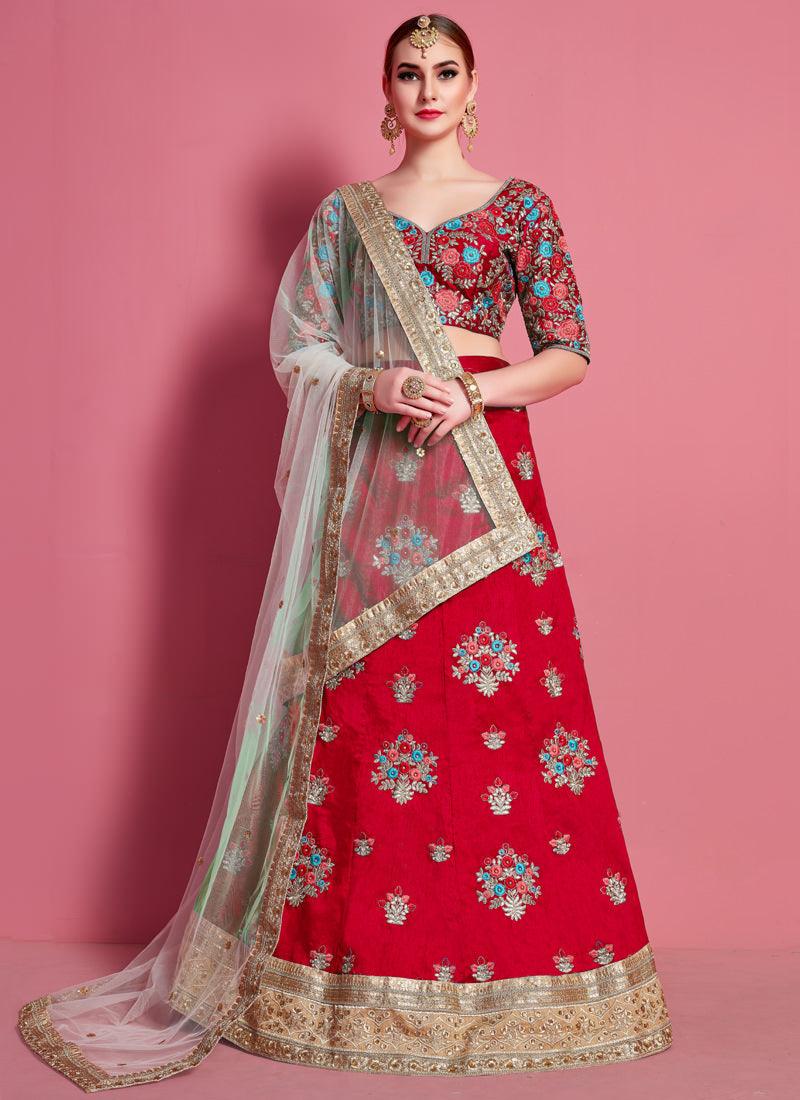 Red Floral Motif Art Silk Base Wedding Wears Lehenga Choli