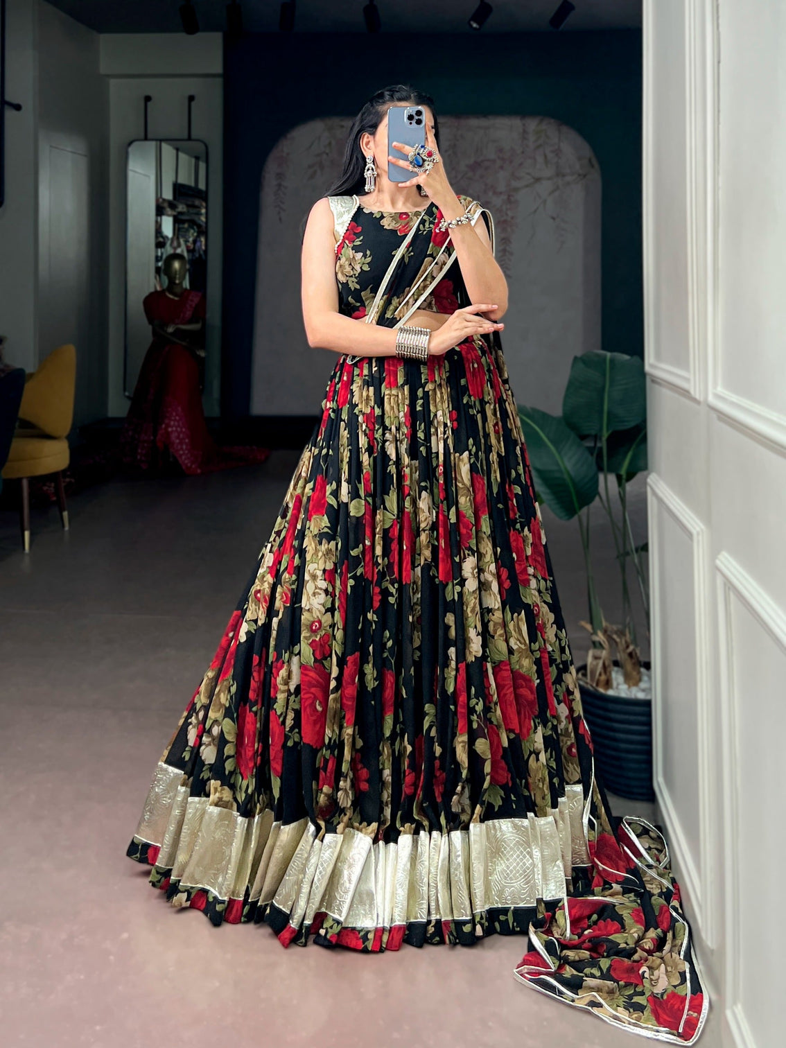 Red Floral Print Lehenga Choli
