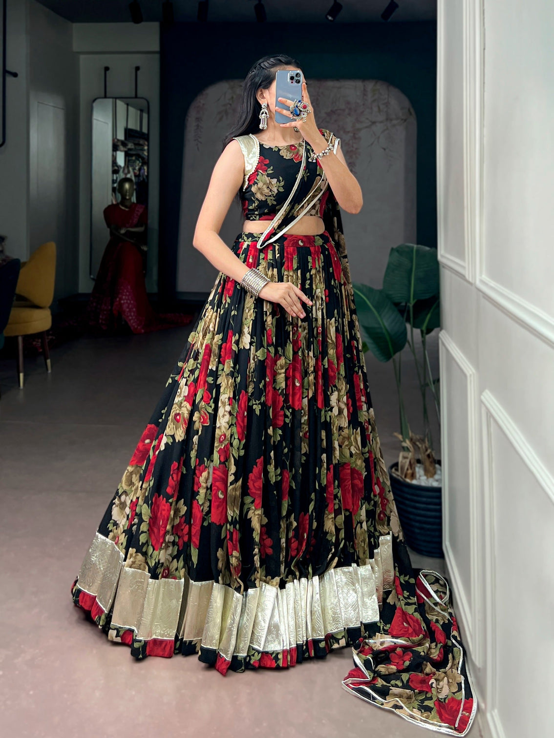 Red Floral Print Lehenga Choli