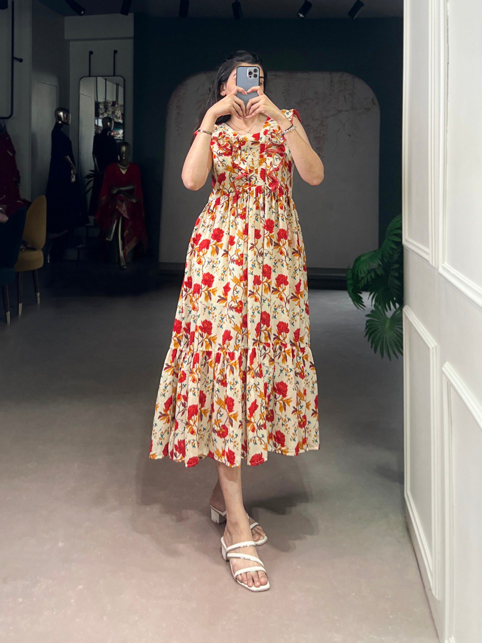 Red Floral Print Maslin Silk Stitched Frock with 4-Meter Flair & Micro Crepe Lining