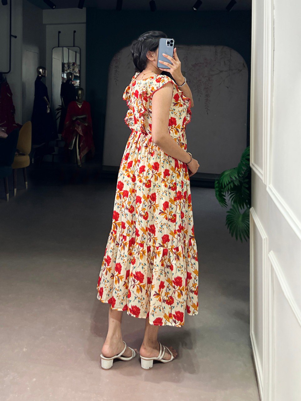 Red Floral Print Maslin Silk Stitched Frock with 4-Meter Flair & Micro Crepe Lining