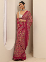 Libas Red Floral Printed Silk Blend Saree With Unstitched Blouse Piece