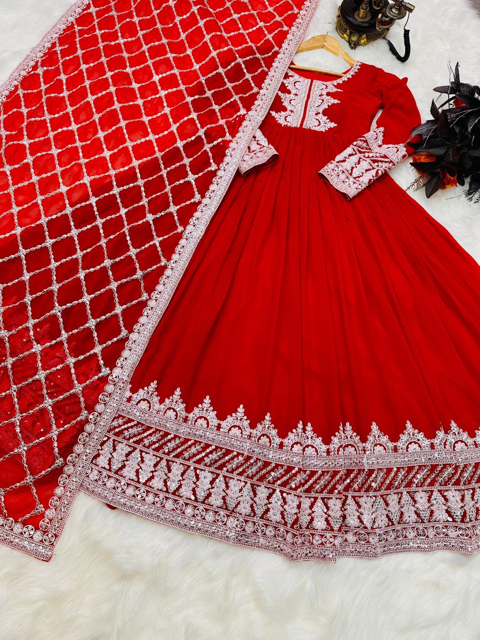 Red Fox Georgette Gown with Sequin Embroidery and Matching Dupatta