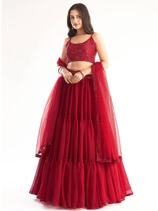 Red Georgette Embroidered Blouse with Plain Ruffle lehenga