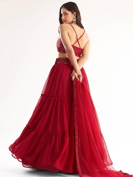 Red Georgette Embroidered Blouse with Plain Ruffle lehenga