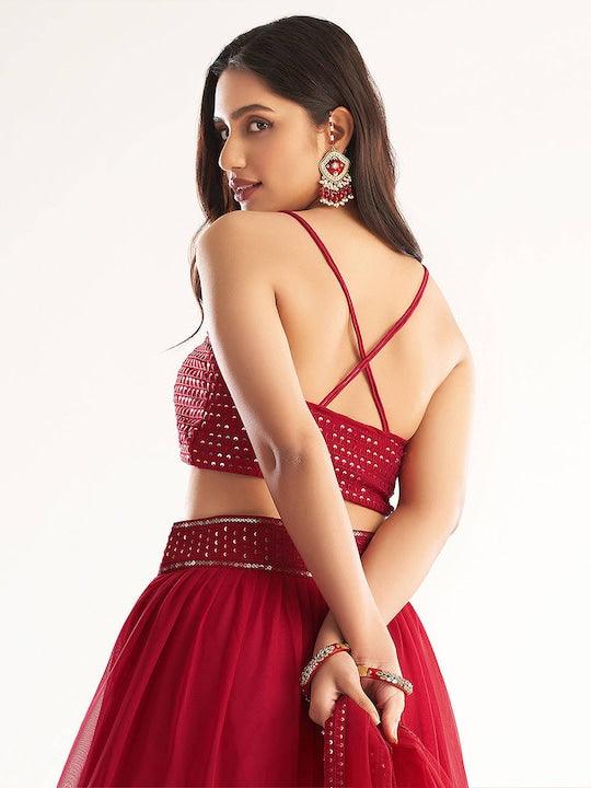 Red Georgette Embroidered Blouse with Plain Ruffle lehenga