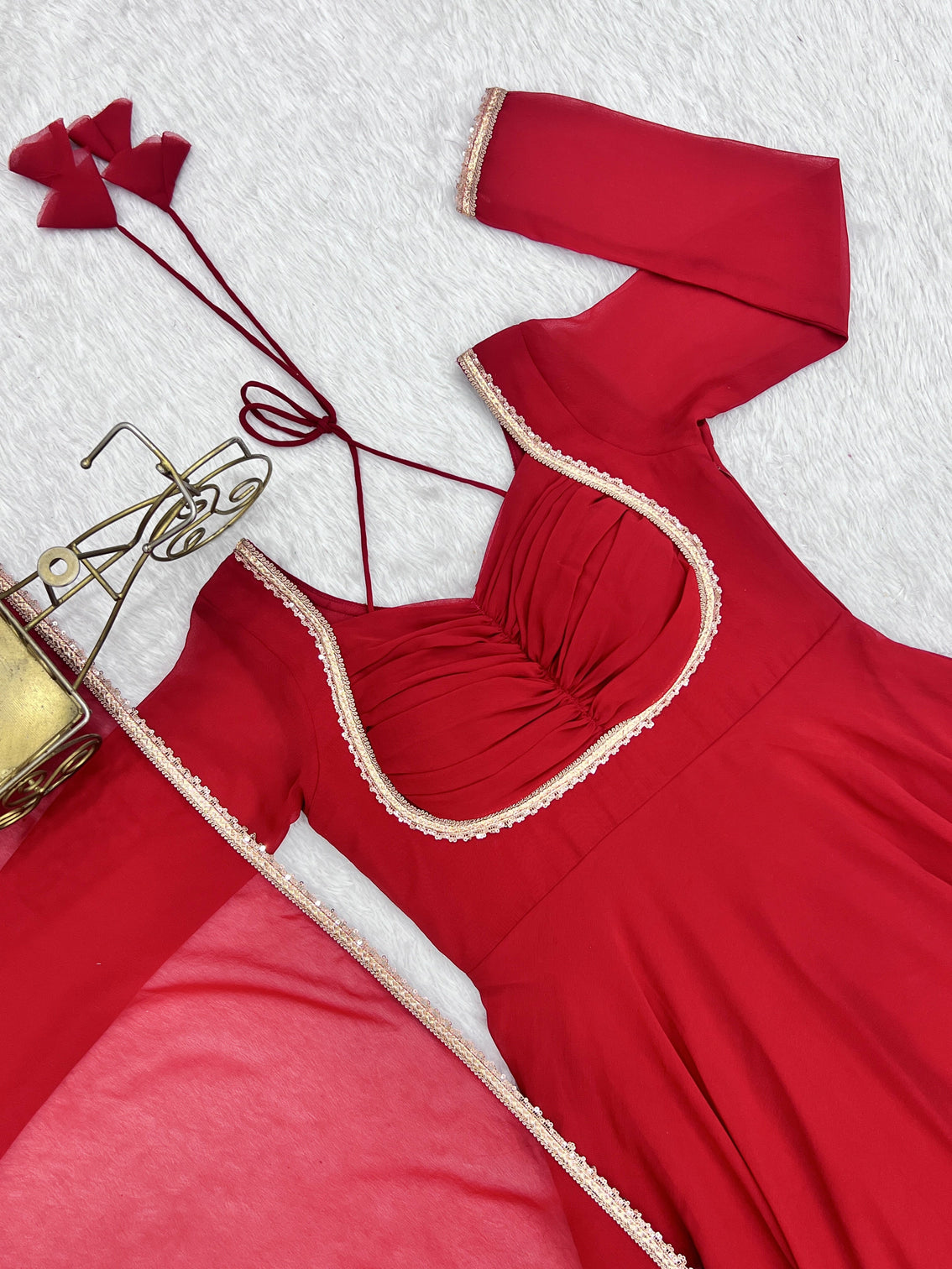 Red Georgette Gown with Lace Dupatta