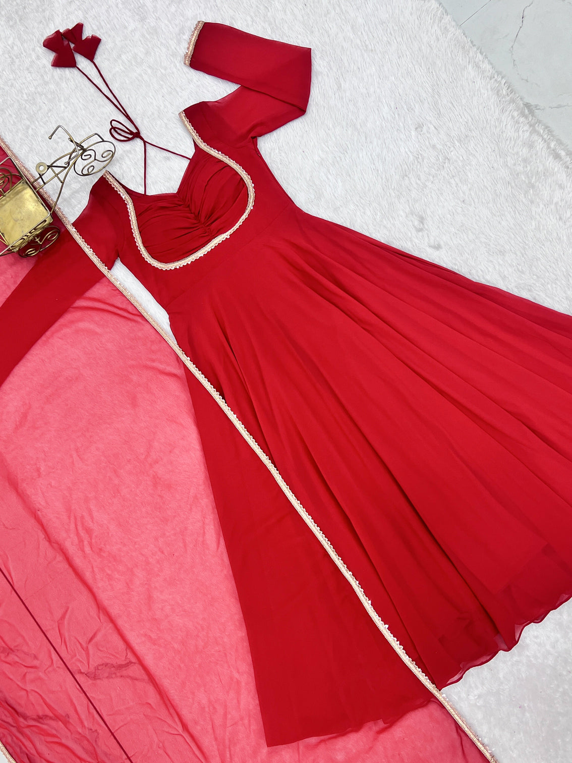 Red Georgette Gown with Lace Dupatta