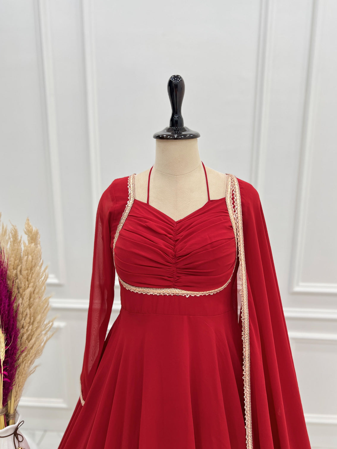 Red Georgette Gown with Lace Dupatta