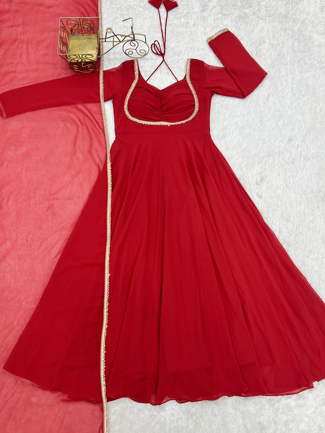 Red Georgette Gown with Lace Dupatta