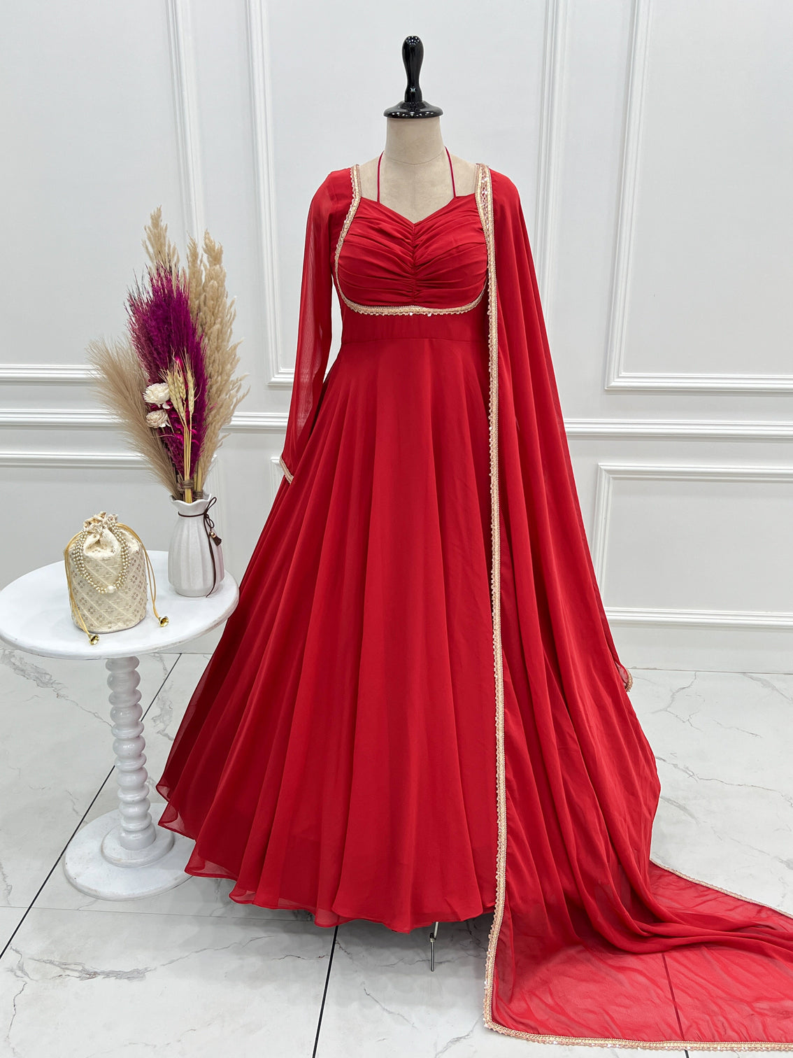 Red Georgette Gown with Lace Dupatta