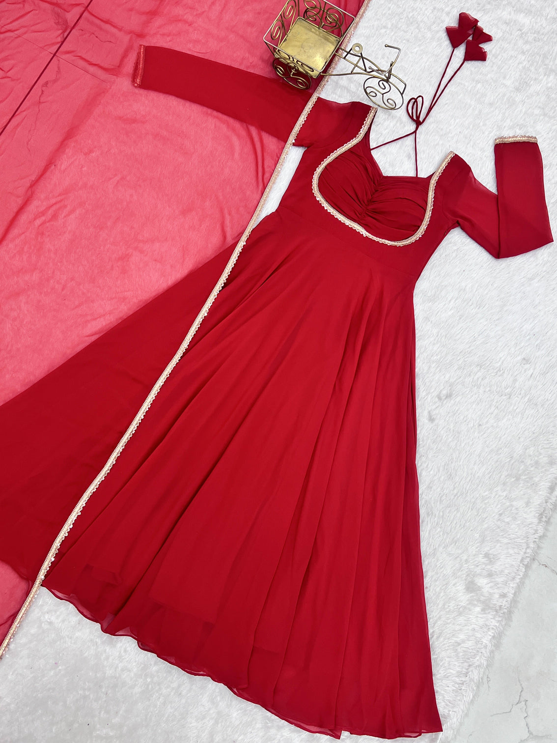 Red Georgette Gown with Lace Dupatta