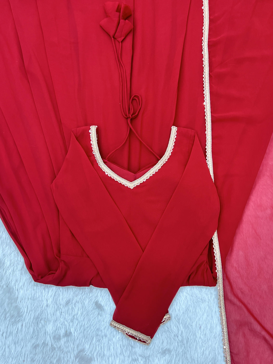 Red Georgette Gown with Lace Dupatta