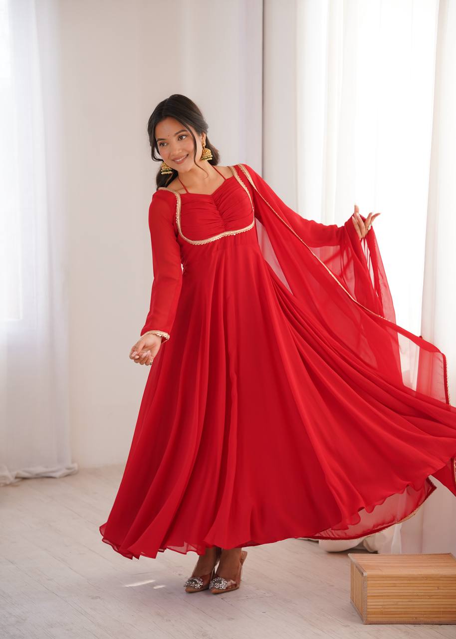 Red Georgette Gown with Lace Dupatta