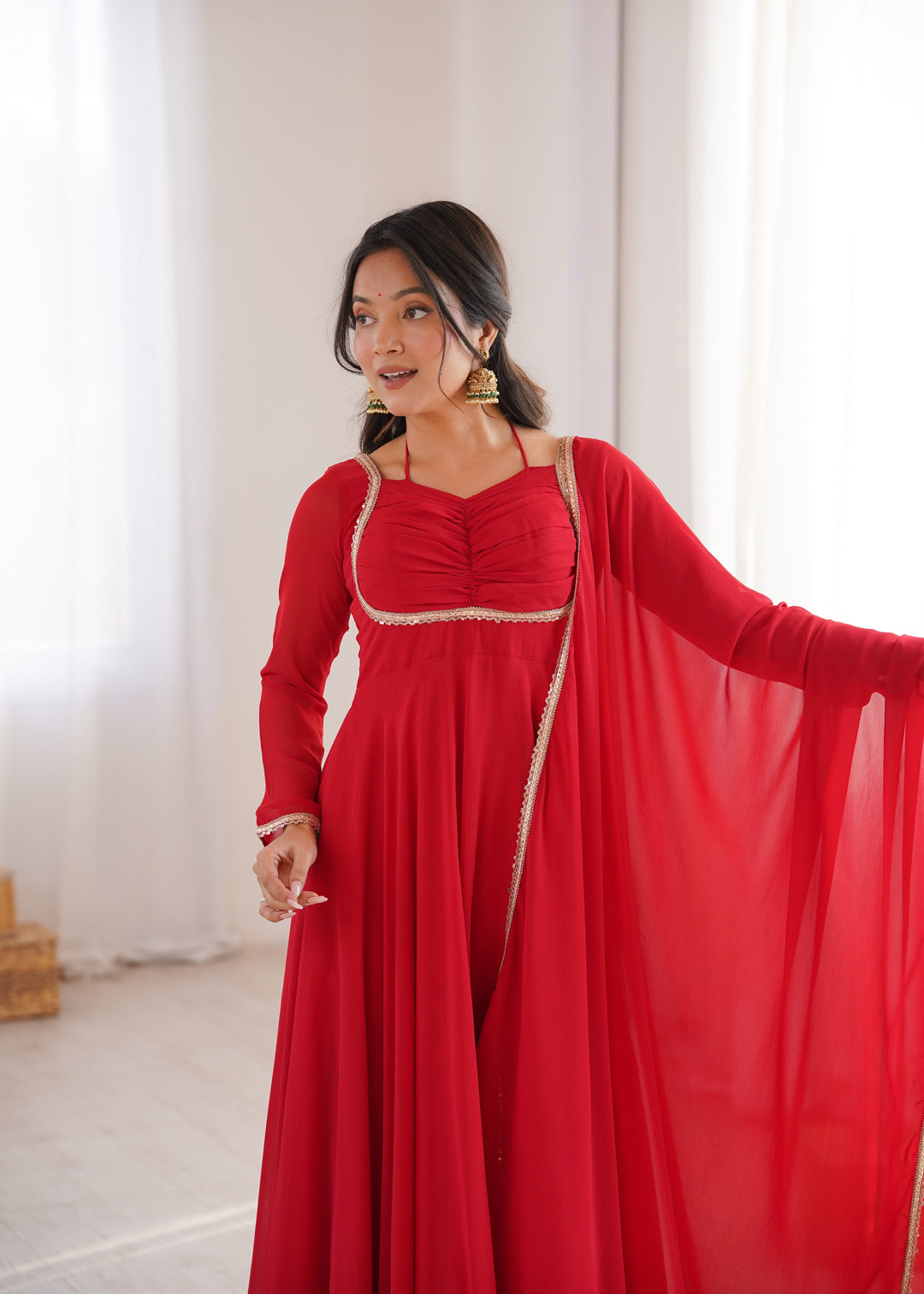 Red Georgette Gown with Lace Dupatta