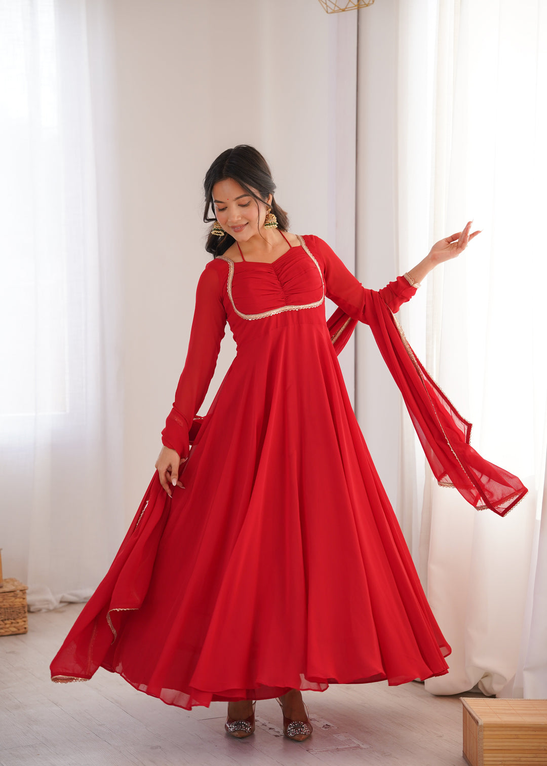 Red Georgette Gown with Lace Dupatta