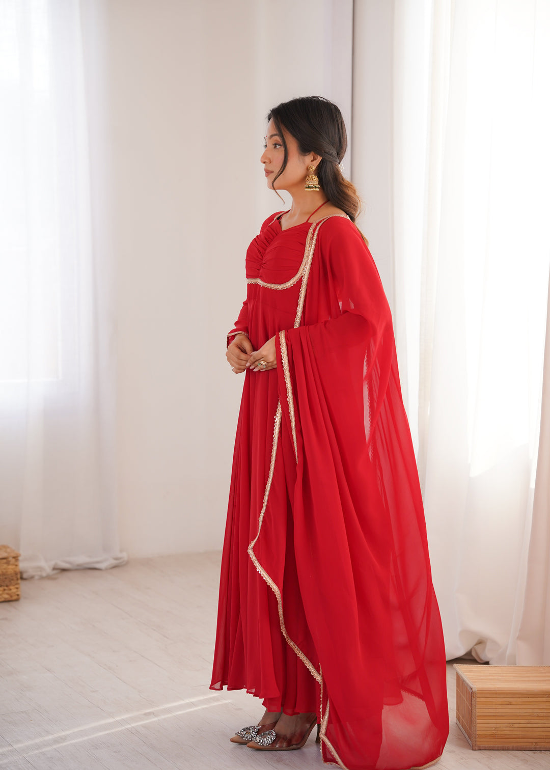 Red Georgette Gown with Lace Dupatta