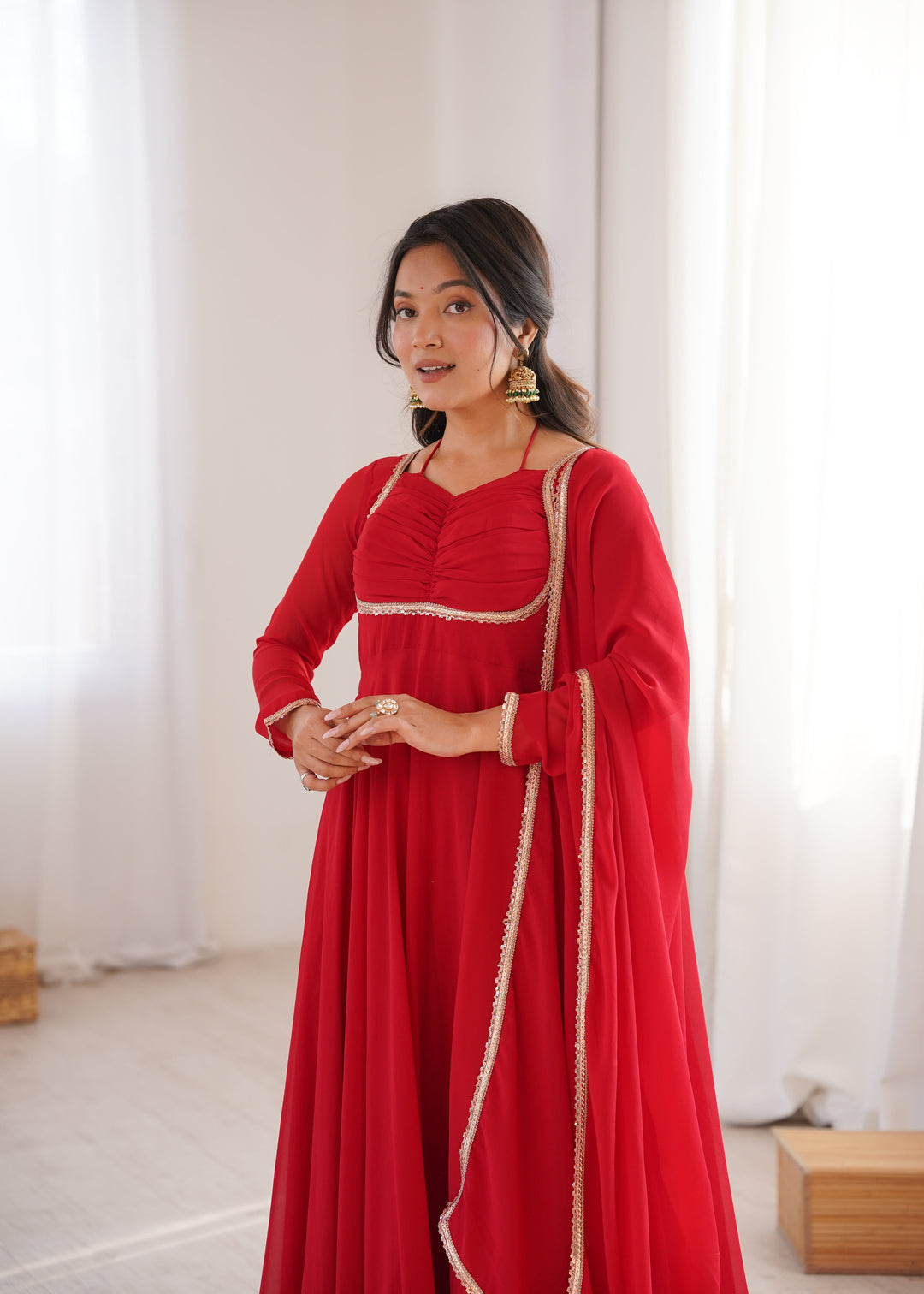 Red Georgette Gown with Lace Dupatta