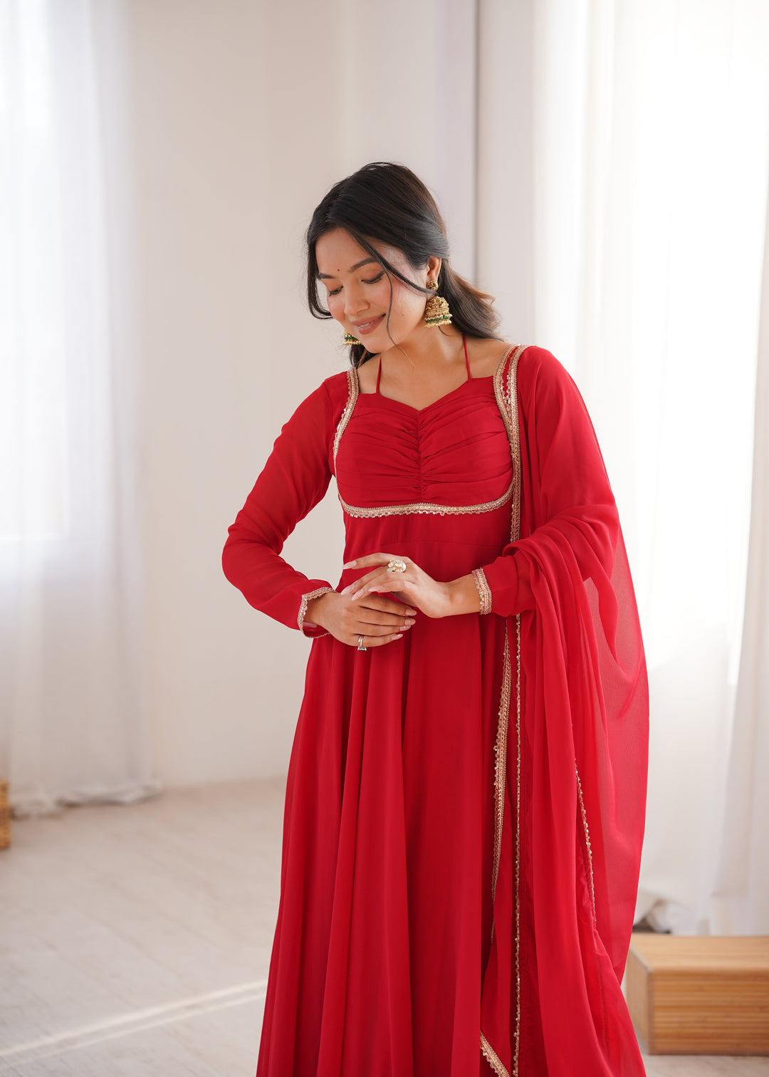 Red Georgette Gown with Lace Dupatta