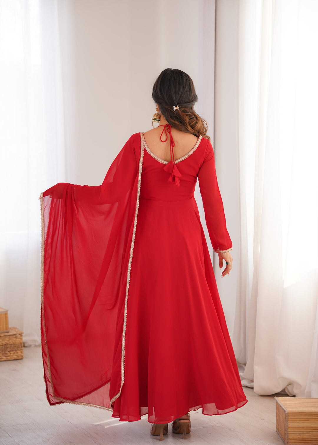Red Georgette Gown with Lace Dupatta