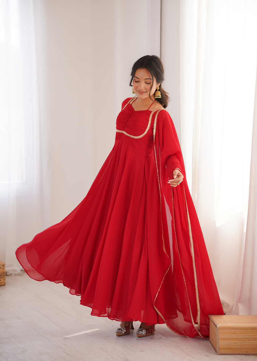 Red Georgette Gown with Lace Dupatta