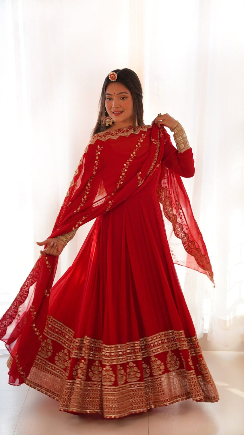Red Georgette Gown with Sequins and Zari Detailing