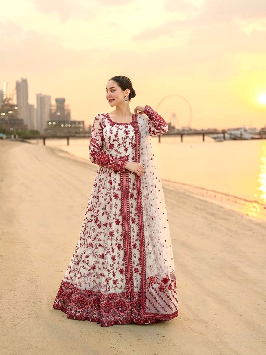 Red Georgette & Organza Silk Gown