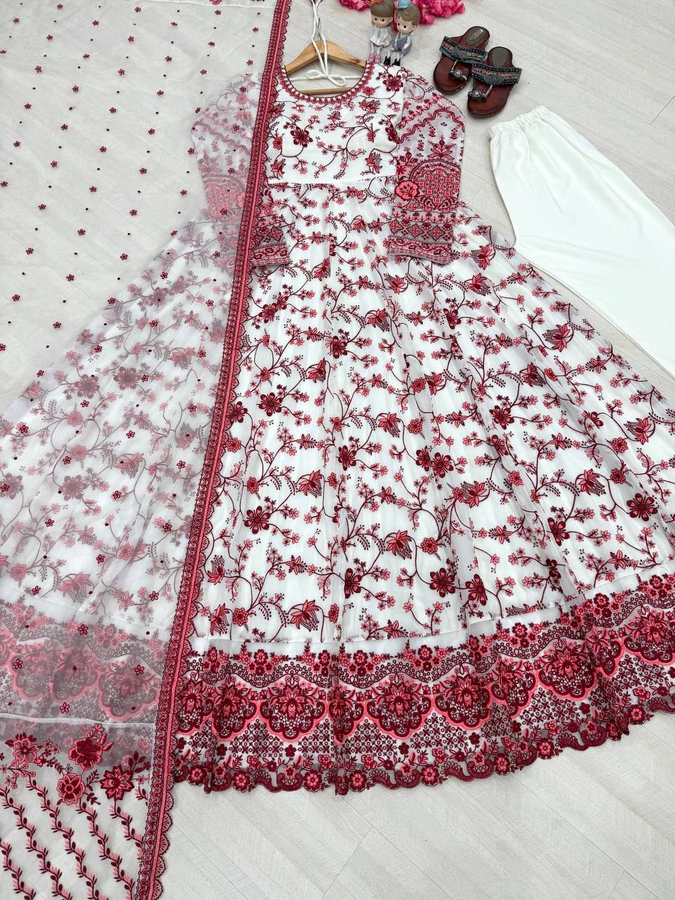 Red Georgette & Organza Silk Gown