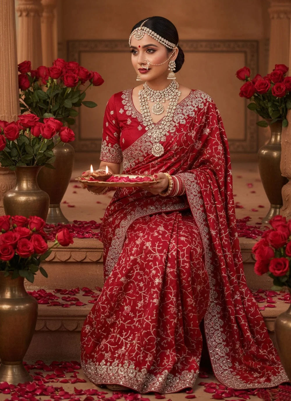 Radiant red georgette satin silk karwa chauth saree with aari embroidery dual stone work