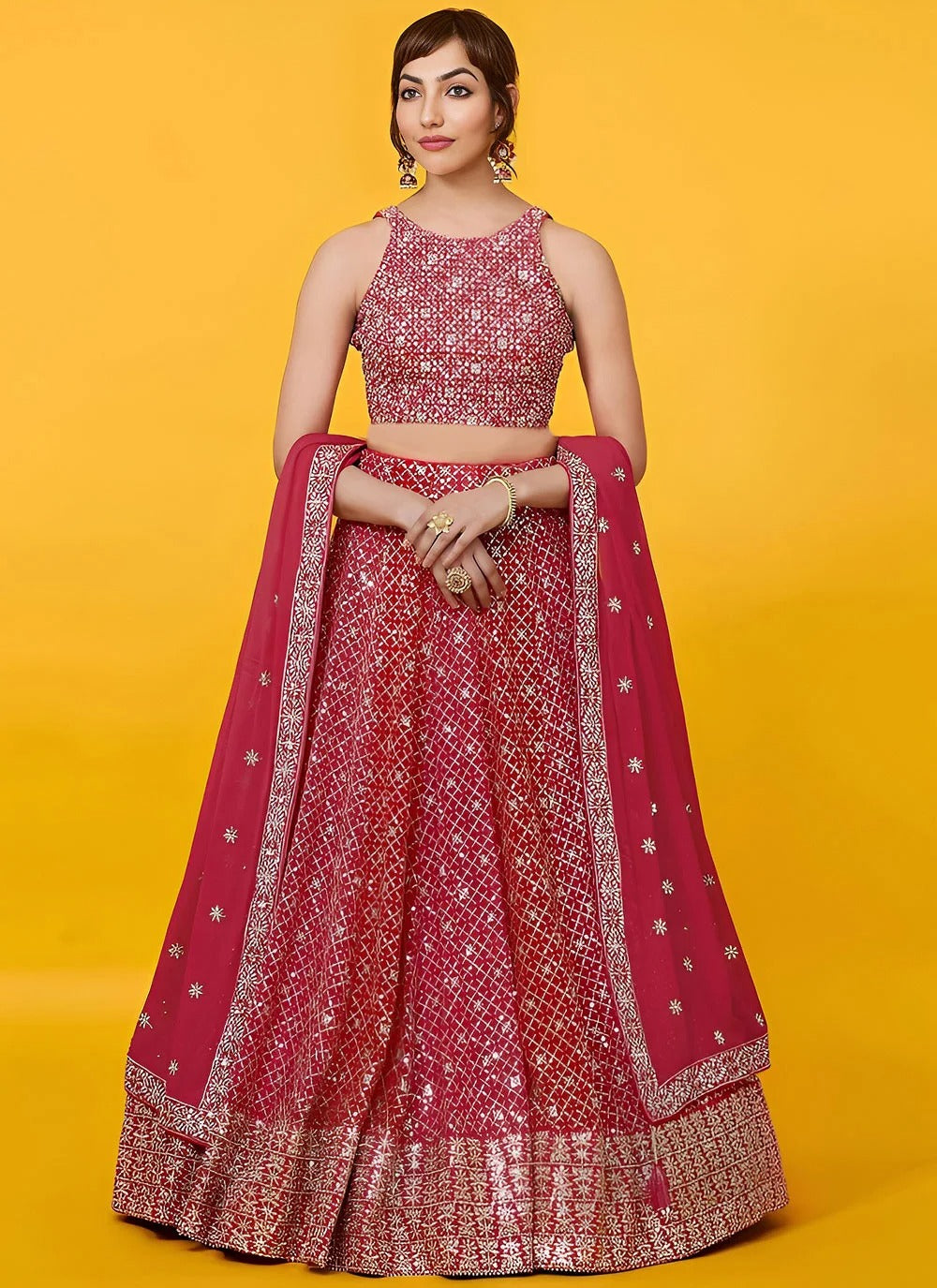 Red georgette wedding guest lehenga with zari sequins embroidery