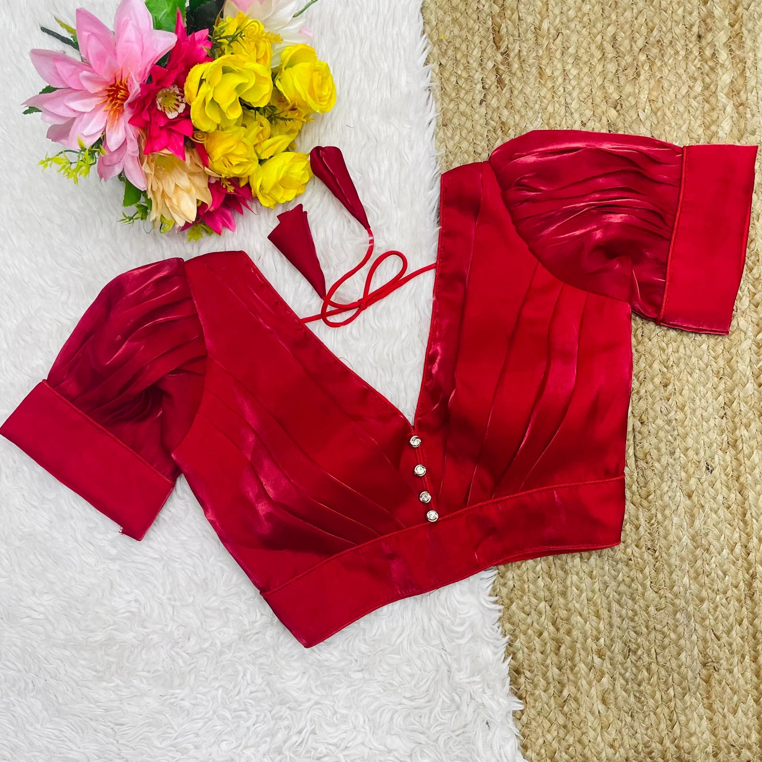 Red Glamorous Ruffled Metallic Blouse