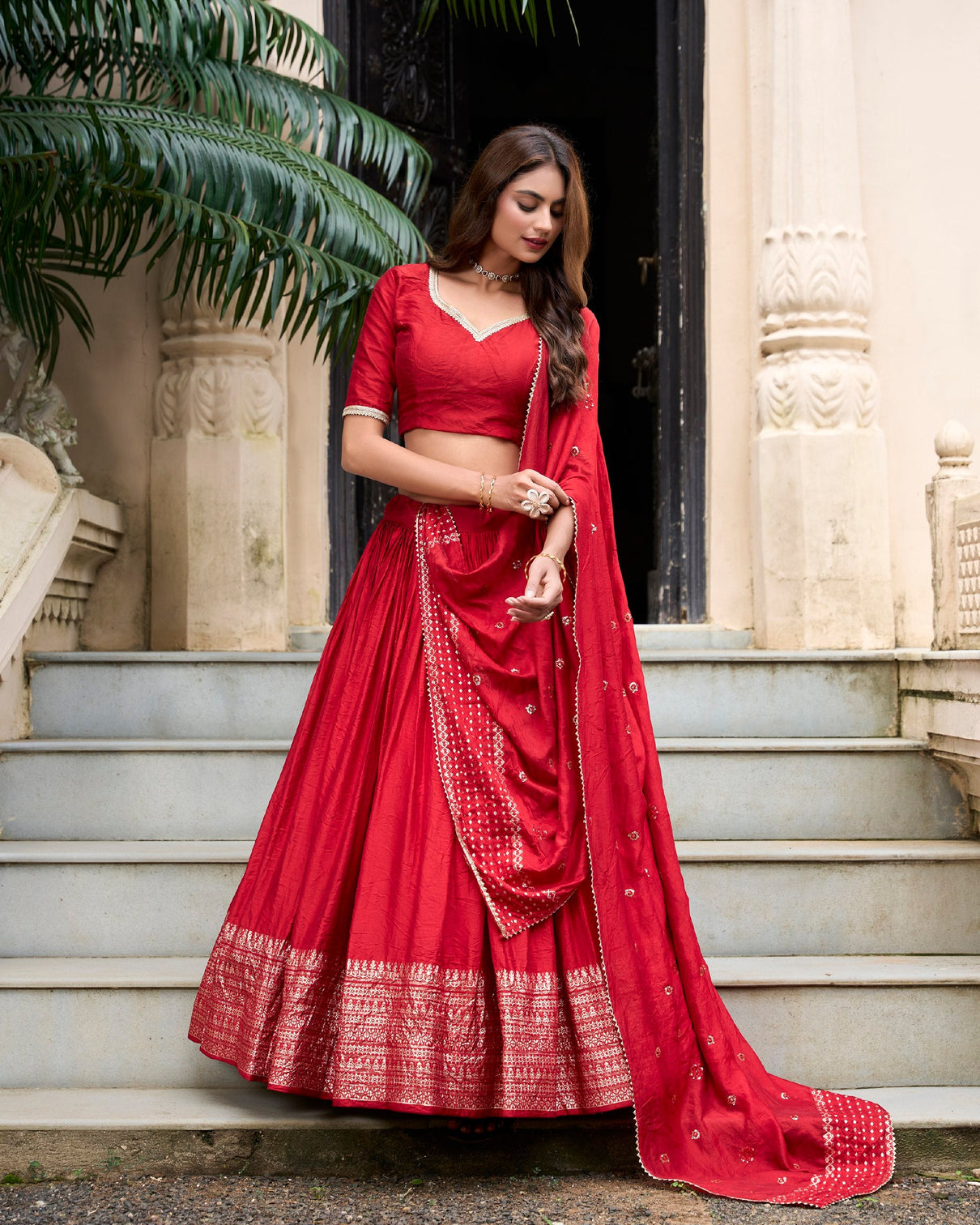 Red Graceful Elegance Pure Chanderi Lehenga with Zari Border & Sequin Dupatta