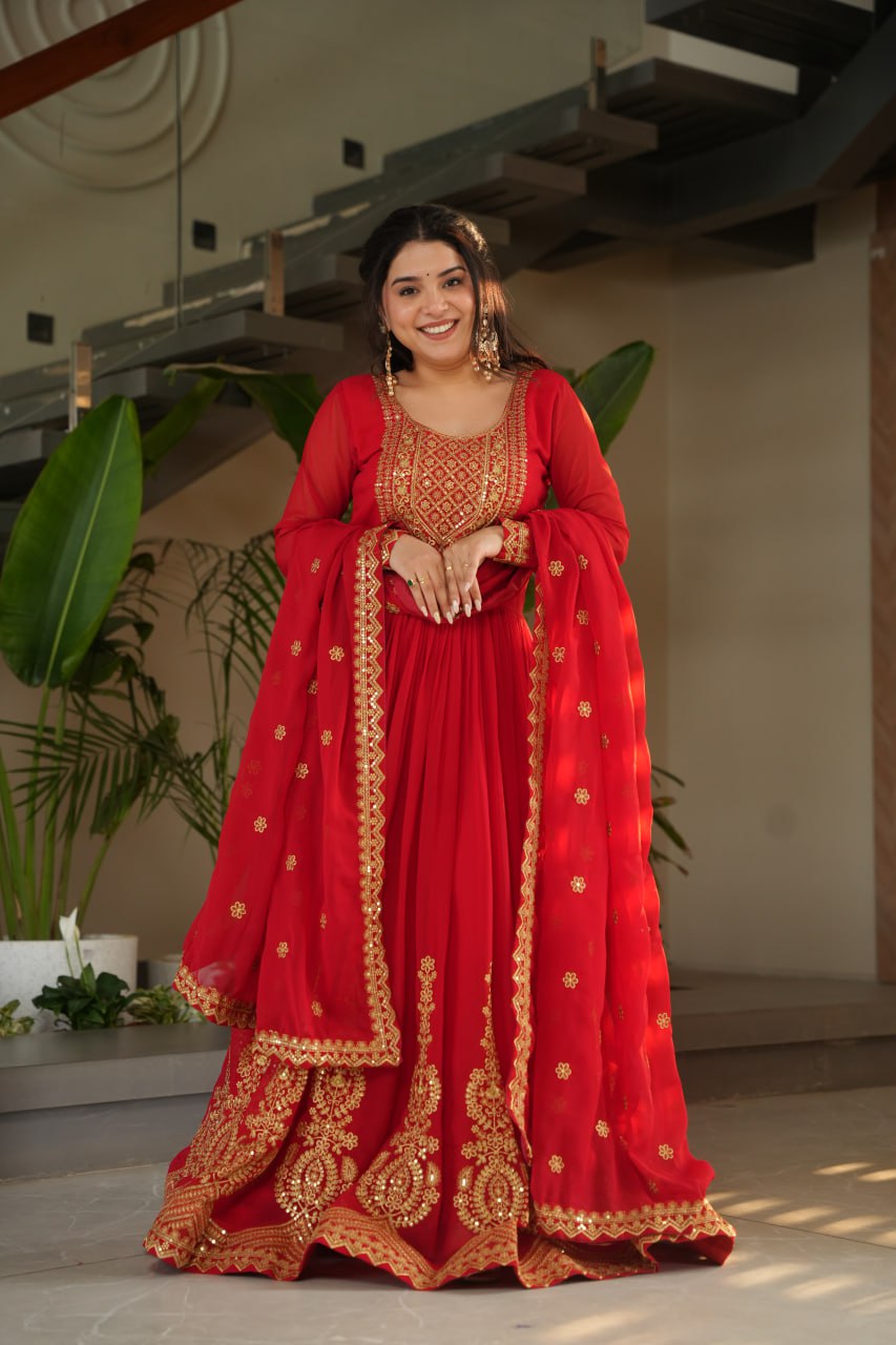 Red Graceful Faux Blooming Embroidered Gown with Sequins Dupatta – Fully Stitched Elegance