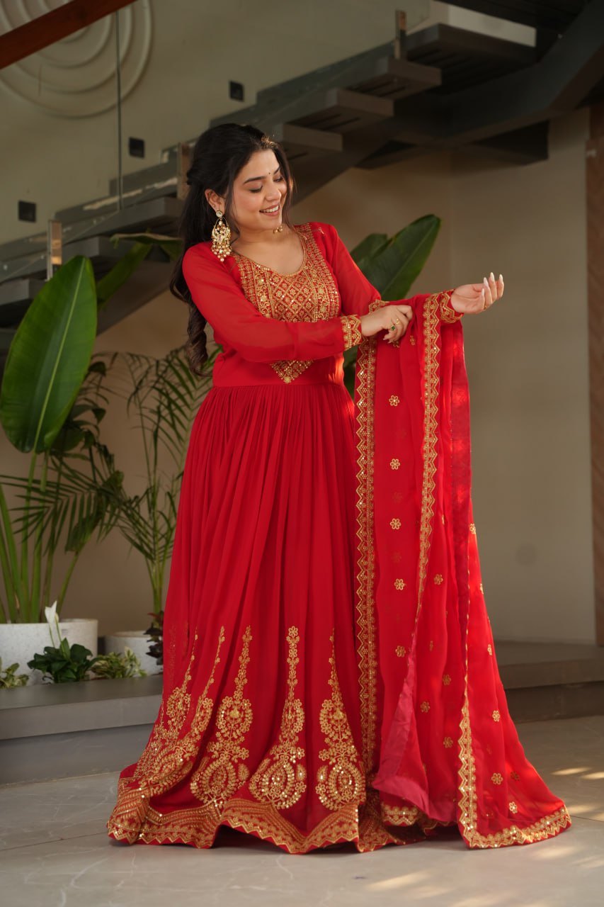 Red Graceful Faux Blooming Embroidered Gown with Sequins Dupatta – Fully Stitched Elegance