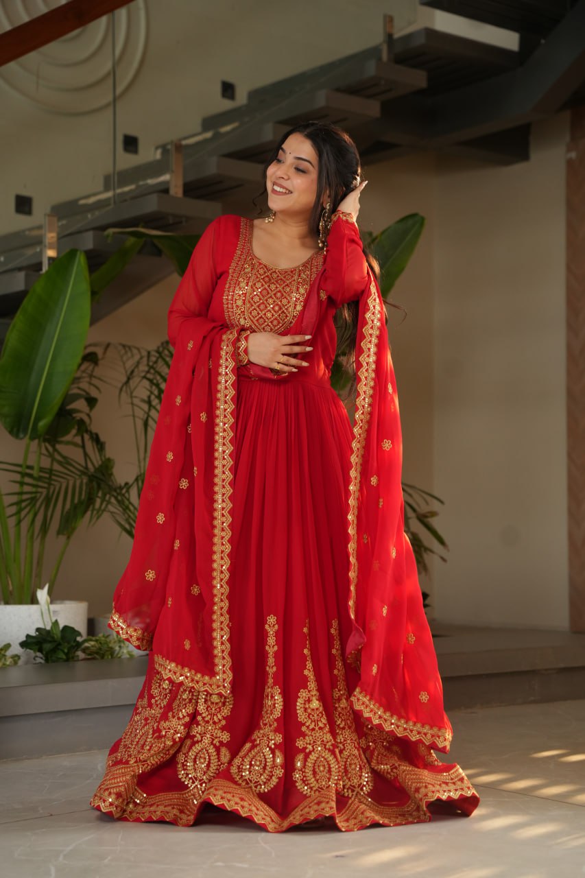 Red Graceful Faux Blooming Embroidered Gown with Sequins Dupatta – Fully Stitched Elegance