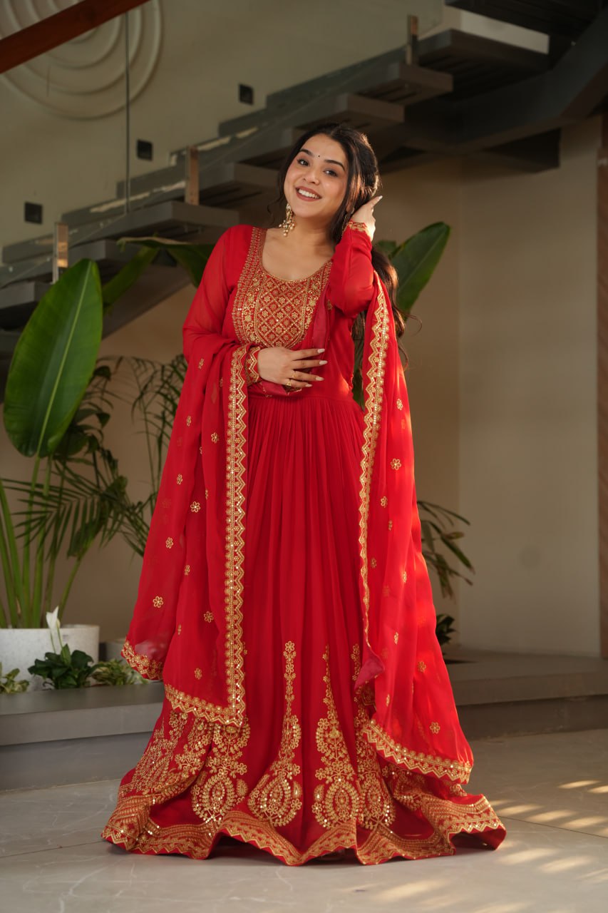 Red Graceful Faux Blooming Embroidered Gown with Sequins Dupatta – Fully Stitched Elegance