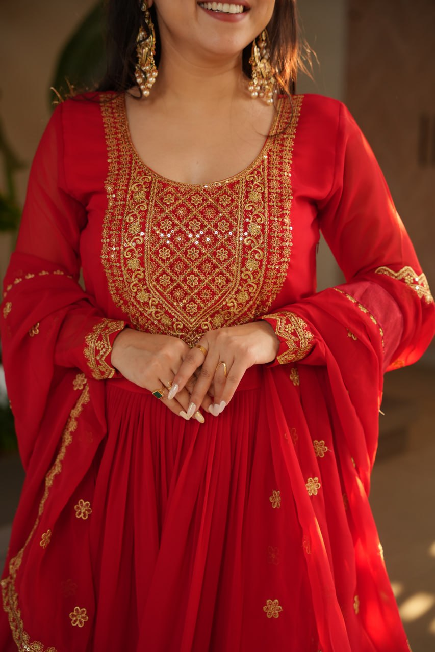 Red Graceful Faux Blooming Embroidered Gown with Sequins Dupatta – Fully Stitched Elegance
