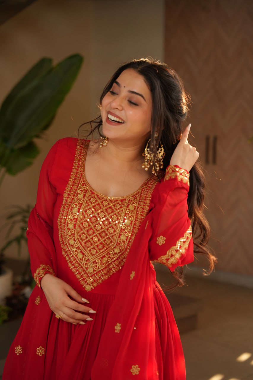 Red Graceful Faux Blooming Embroidered Gown with Sequins Dupatta – Fully Stitched Elegance