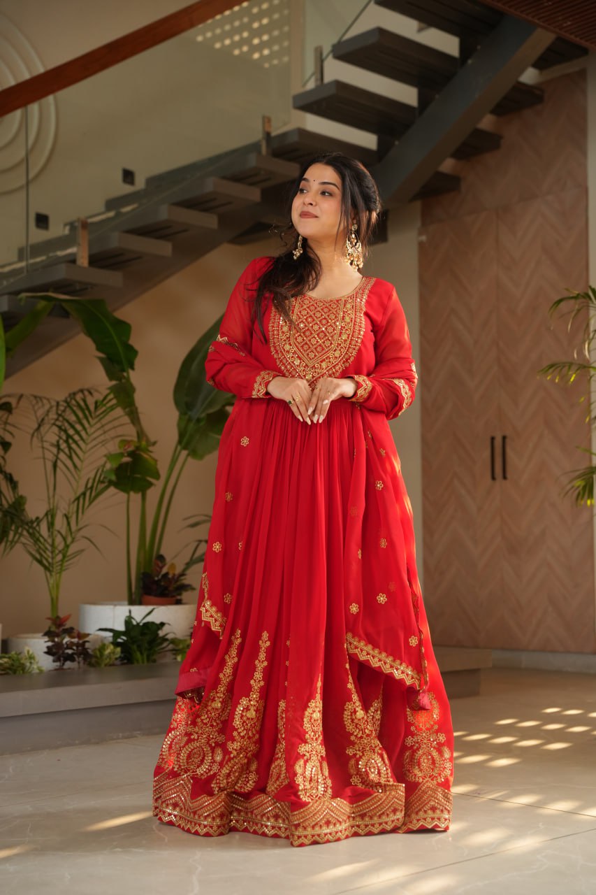 Red Graceful Faux Blooming Embroidered Gown with Sequins Dupatta – Fully Stitched Elegance