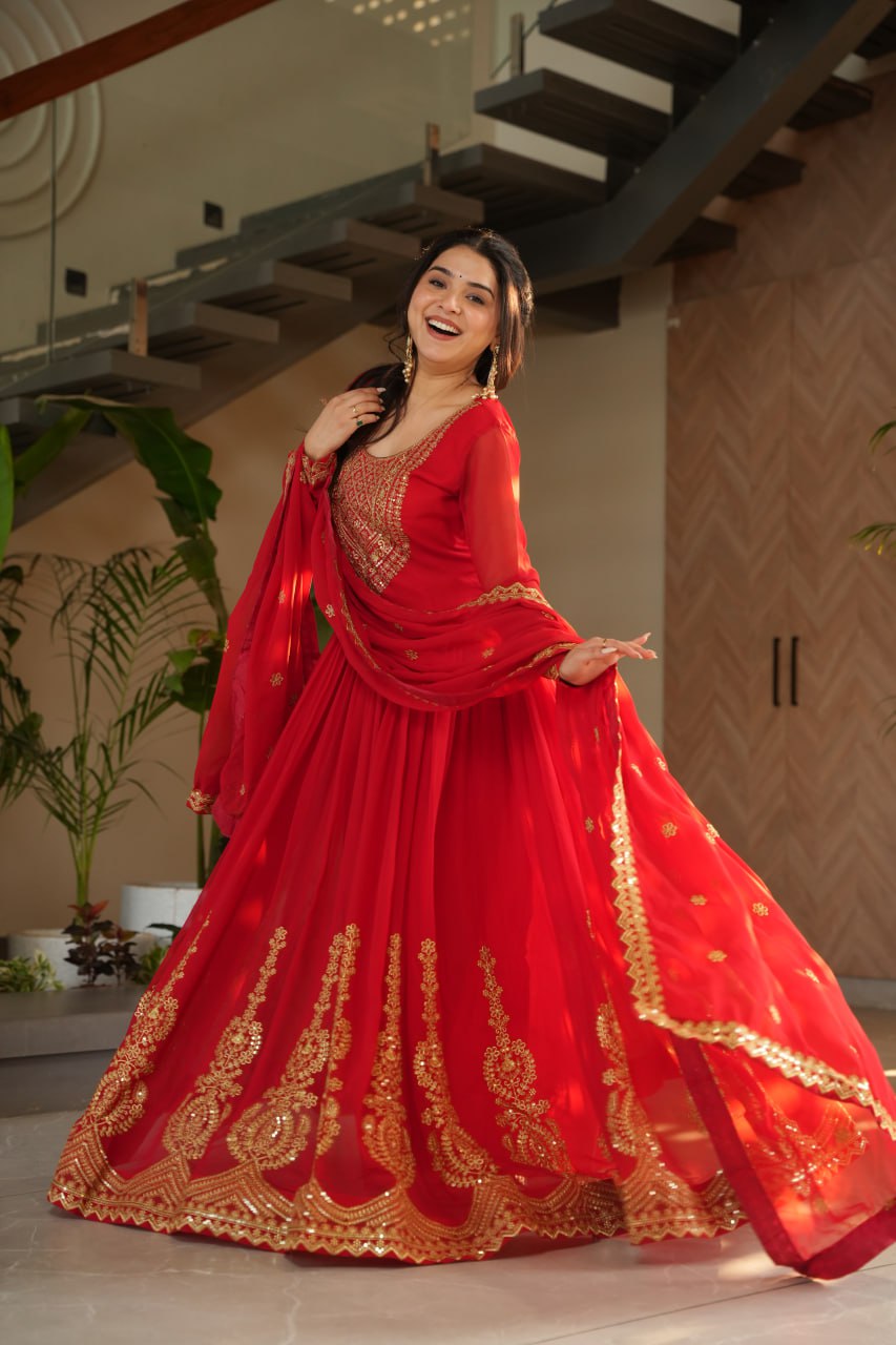 Red Graceful Faux Blooming Embroidered Gown with Sequins Dupatta – Fully Stitched Elegance