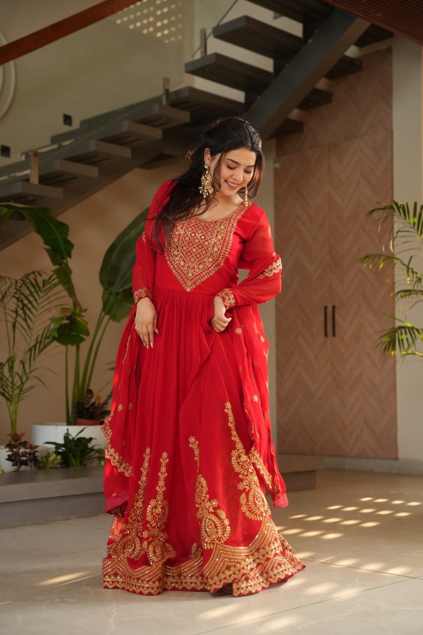 Red Graceful Faux Blooming Embroidered Gown with Sequins Dupatta – Fully Stitched Elegance