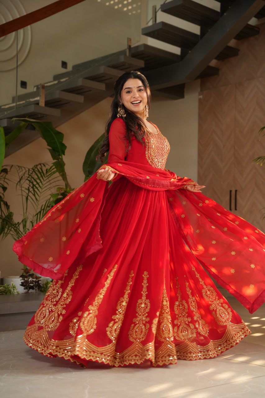 Red Graceful Faux Blooming Embroidered Gown with Sequins Dupatta – Fully Stitched Elegance