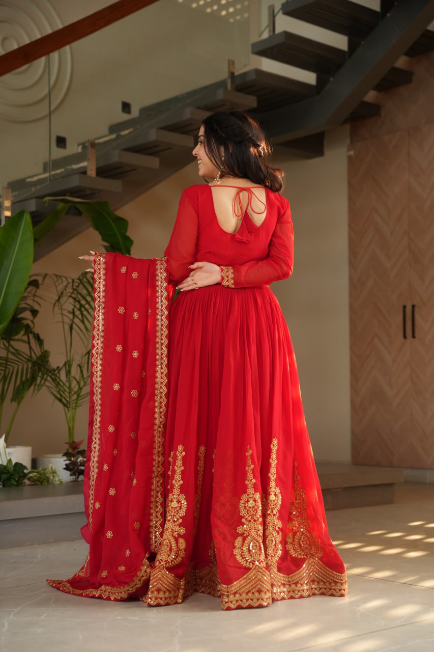 Red Graceful Faux Blooming Embroidered Gown with Sequins Dupatta – Fully Stitched Elegance